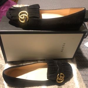GUCCI Marmont Fringe Suede Ballerina Kiltie Flats